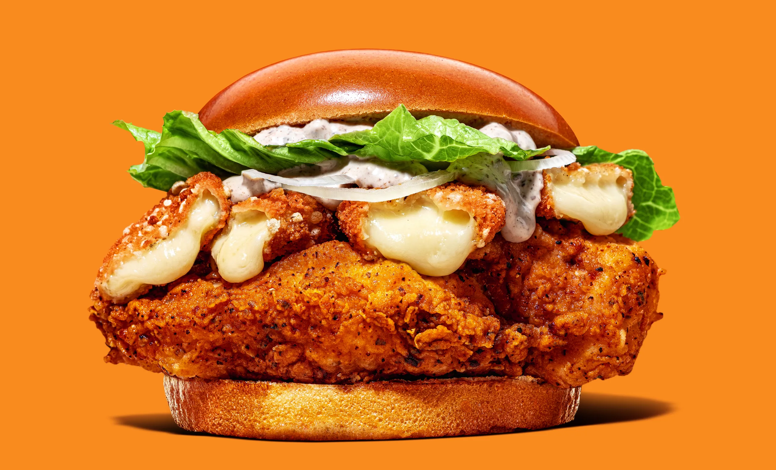 Truffle chicken burger with melted cheese and fries on an orange background, Chickoo
