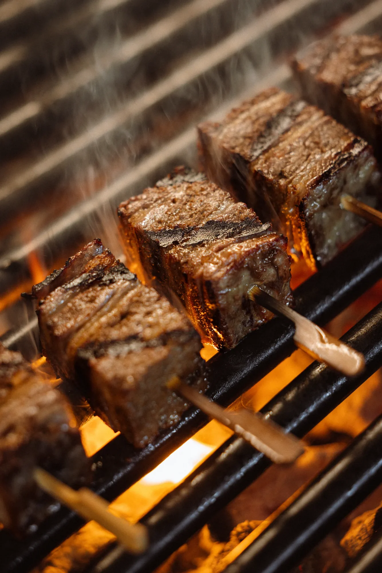 Skewers of meat on a flaming grill
