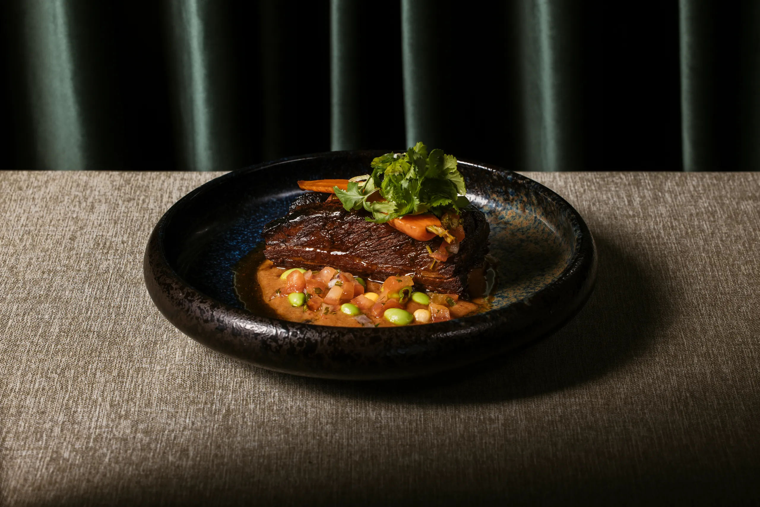Grilled meat with sauce and greens on a dark plate, with a green velvet curtain behind