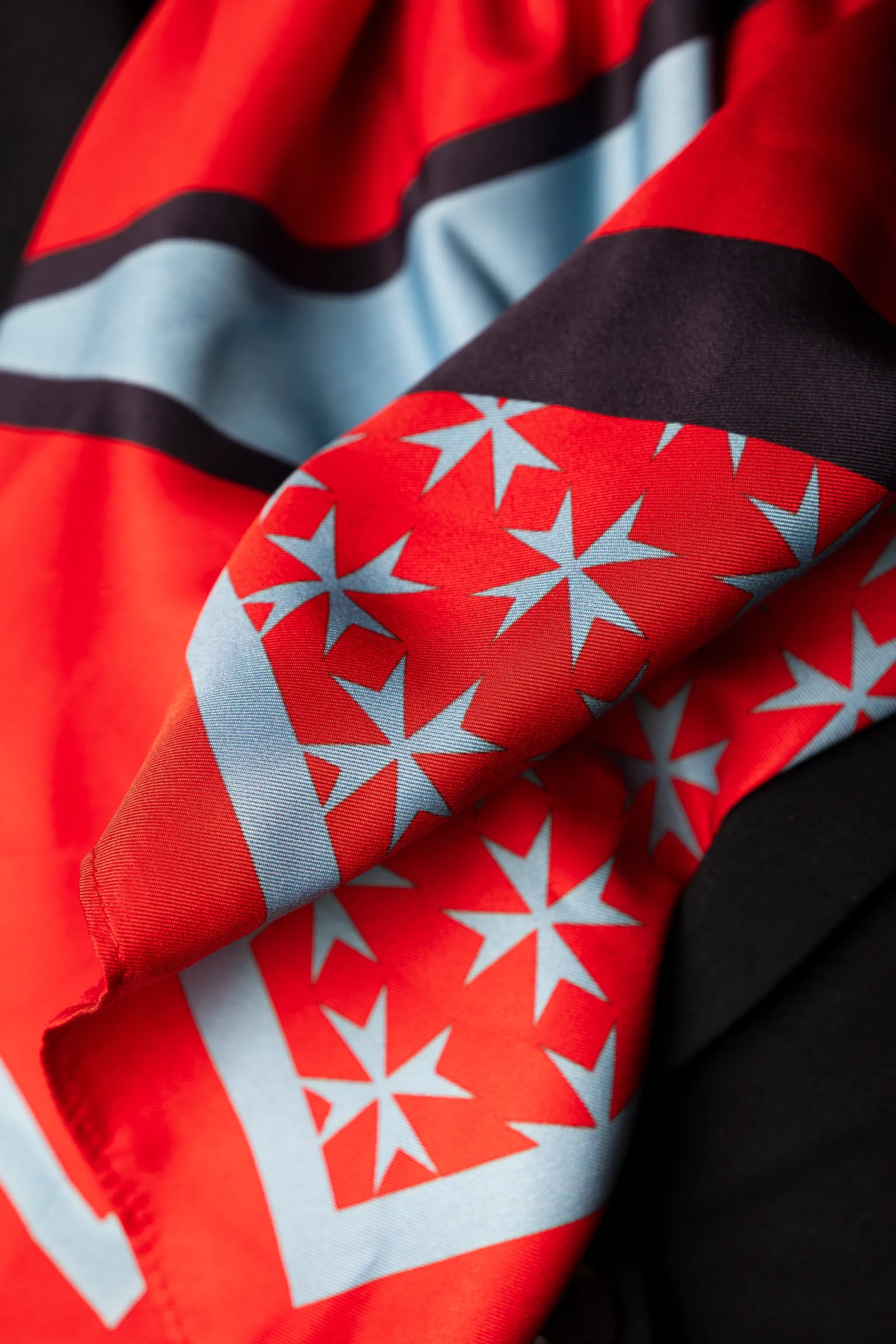 Charles & Ron scarf for KM Malta Airlines crew, red with white eight-pointed Maltese crosses