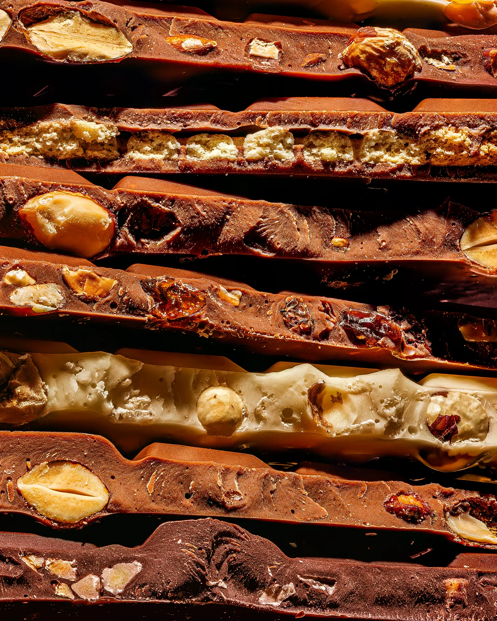 Close-up of chocolate bars filled with nuts