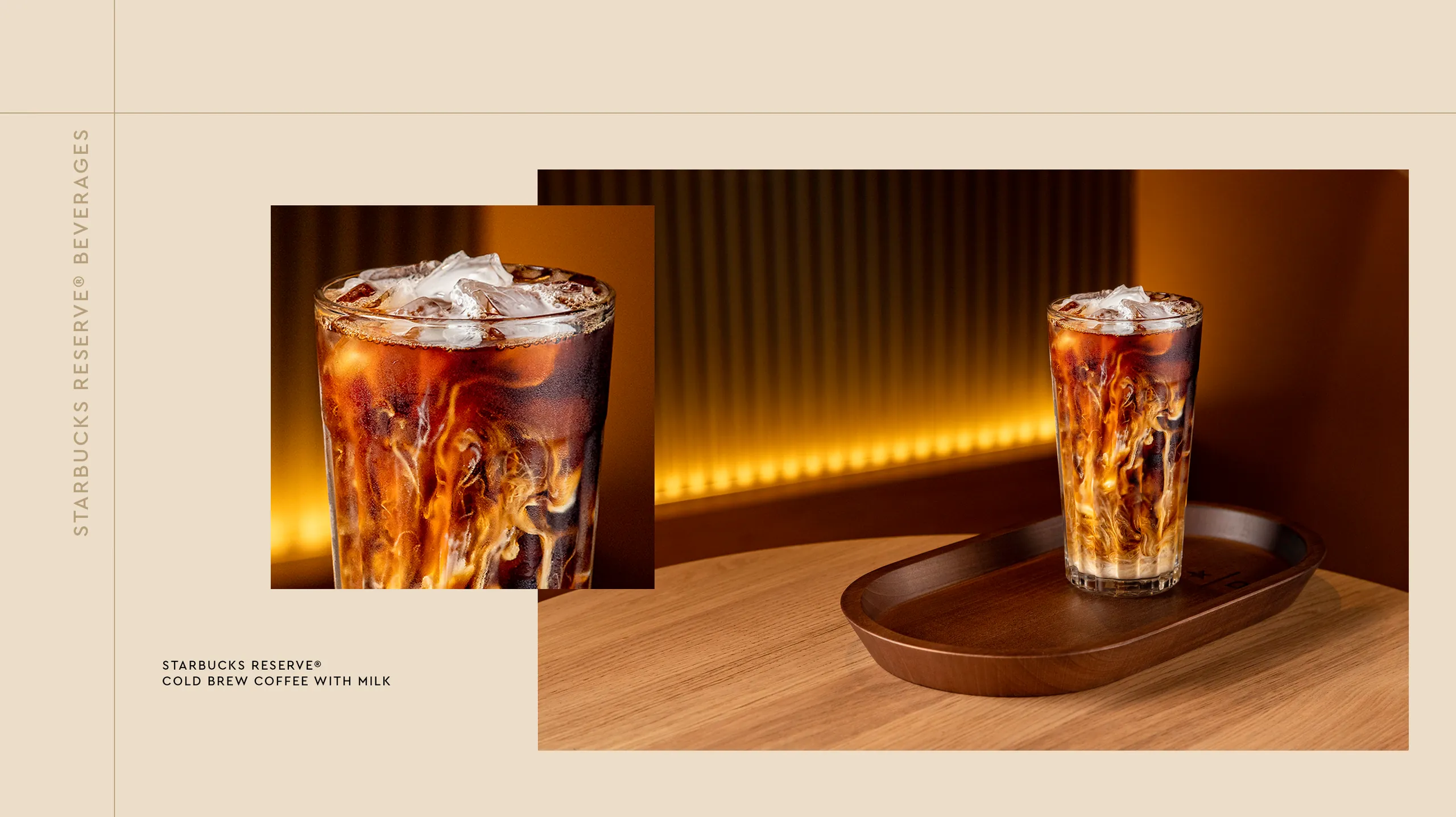 Two glasses of cold brew with milk on a cream layout, Starbucks Reserve beverages